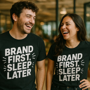 Person wearing the black entrepreneurs t shirt graphic tee - "Brand First Sleep Later" design