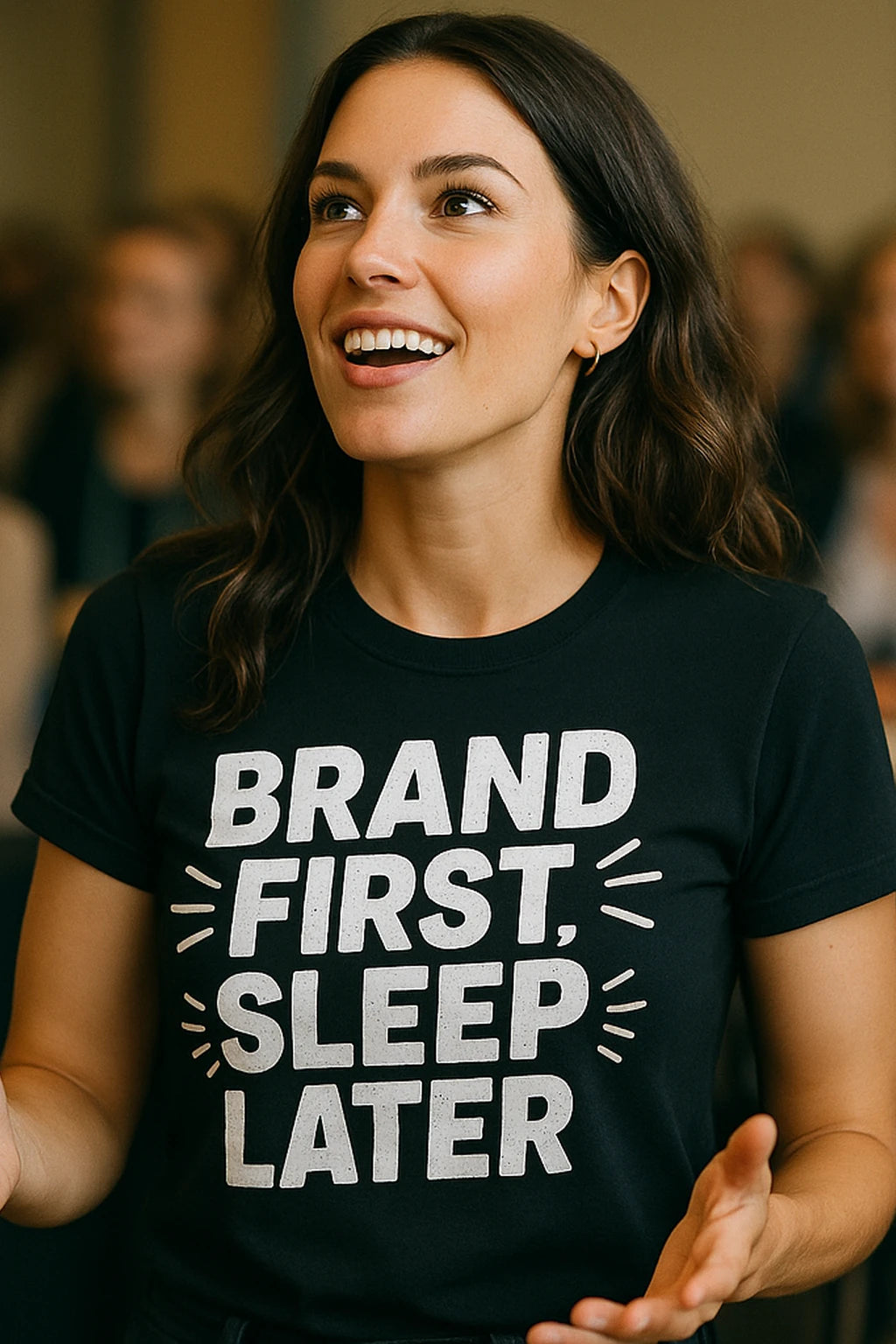 "Brand First Sleep Later" black entrepreneurs t shirt, photographed as entrepreneurs lover gift