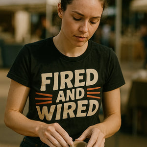 "Fired and Wired" black ceramic shirts, photographed as gifts for ceramic lovers