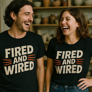 Person wearing the black ceramic shirts graphic tee - "Fired and Wired" design