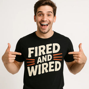 Close-up of the "Fired and Wired" beige print on a premium Bella+Canvas black ceramic shirts