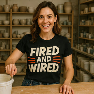 Lifestyle shot of the "Fired and Wired" black ceramic shirts in a real-world setting