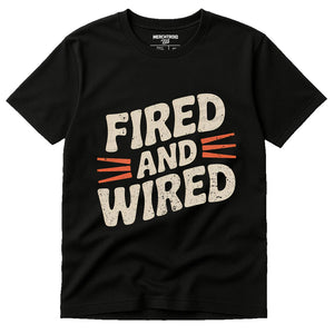 Black Ceramic Shirts - "Fired and Wired" graphic tee with beige print, flat lay product photo
