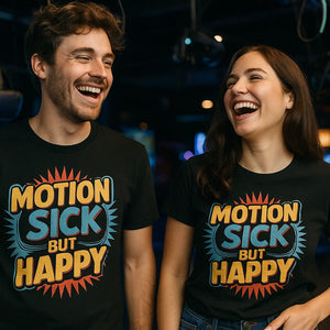 Person wearing the black virtual reality shirts graphic tee - "Motion Sick But Happy" design