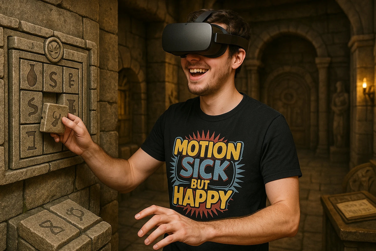 Lifestyle shot of the "Motion Sick But Happy" black virtual reality shirts in a real-world setting