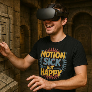 Lifestyle shot of the "Motion Sick But Happy" black virtual reality shirts in a real-world setting