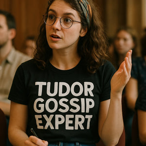 "Tudor Gossip Expert" black history tees - also one of the best gifts for history lovers
