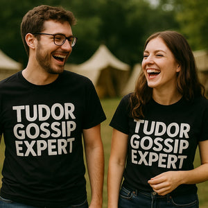 Person wearing the black history tees graphic tee - "Tudor Gossip Expert" design