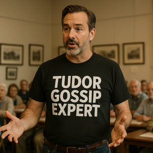 Lifestyle shot of the "Tudor Gossip Expert" black history tees in a real-world setting