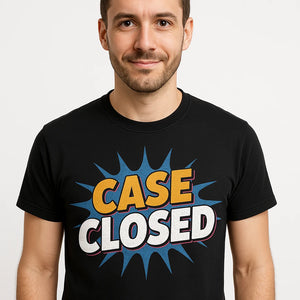 Close-up of the "Case Closed" gray print on a premium Bella+Canvas black lawyer t shirt