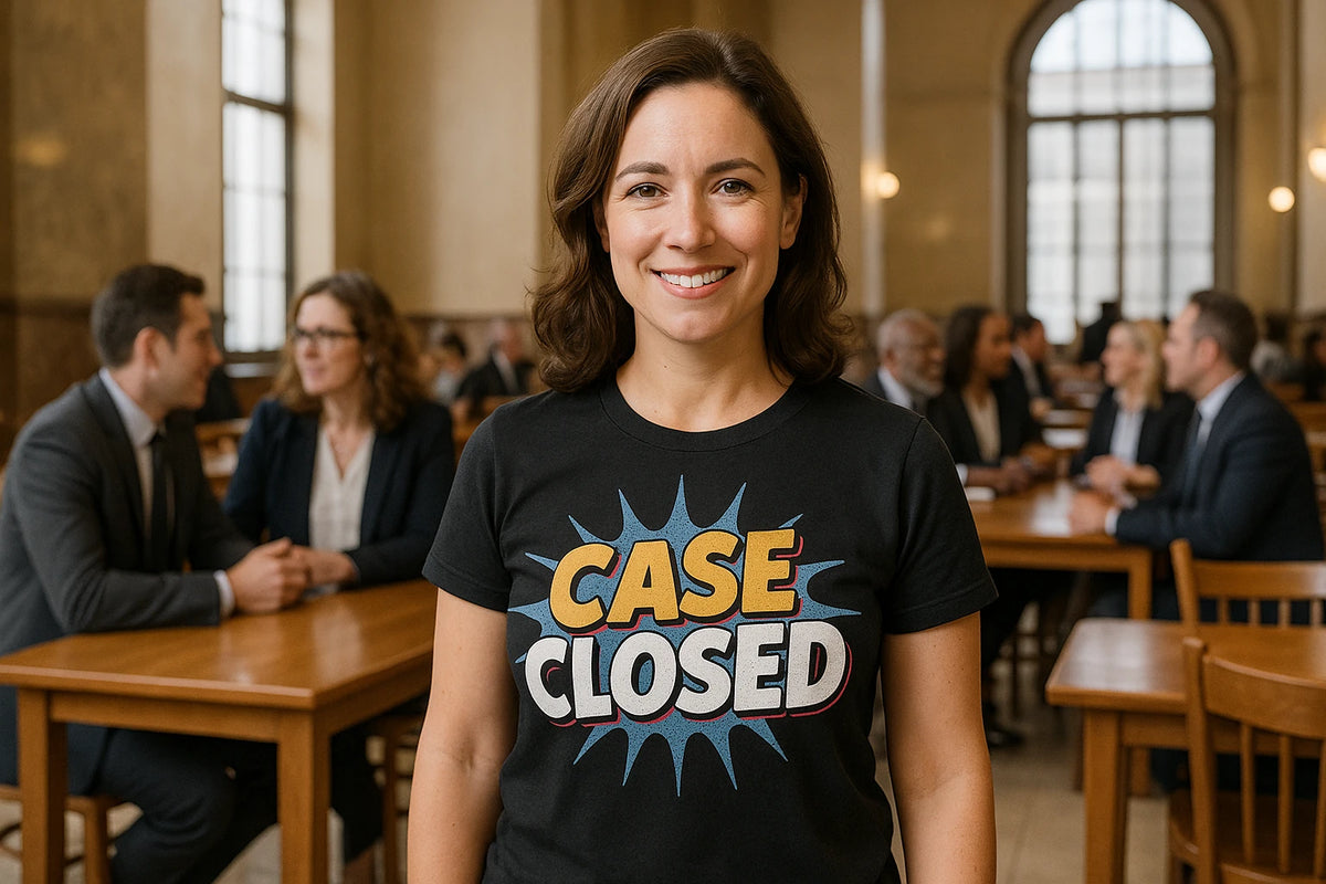 Lifestyle shot of the "Case Closed" black lawyer t shirt in a real-world setting