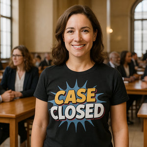 Lifestyle shot of the "Case Closed" black lawyer t shirt in a real-world setting