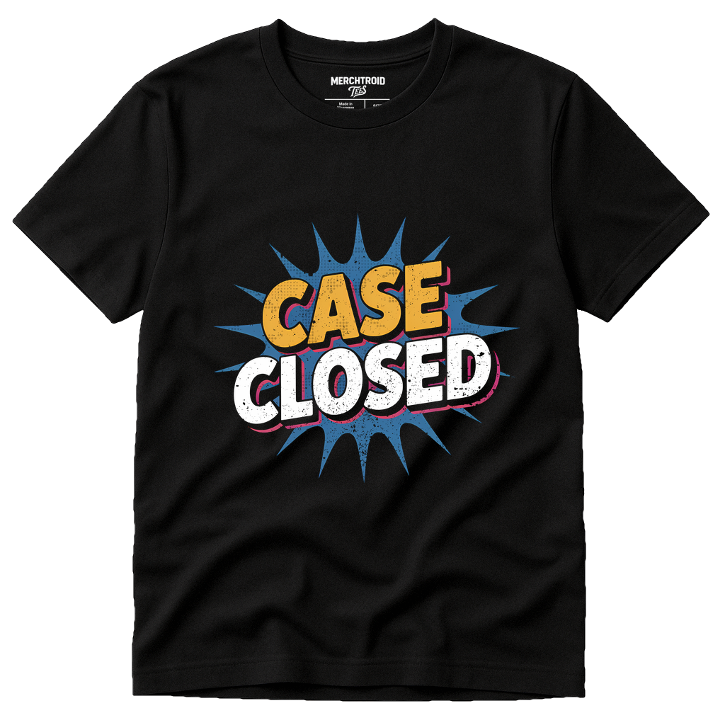 Black Lawyer T Shirt - "Case Closed" graphic tee with gray print, flat lay product photo