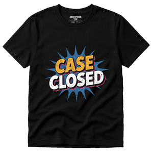Black Lawyer T Shirt - "Case Closed" graphic tee with gray print, flat lay product photo