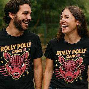 Person wearing the black t shirt armadillo graphic tee - "Rolly Polly Gang" design