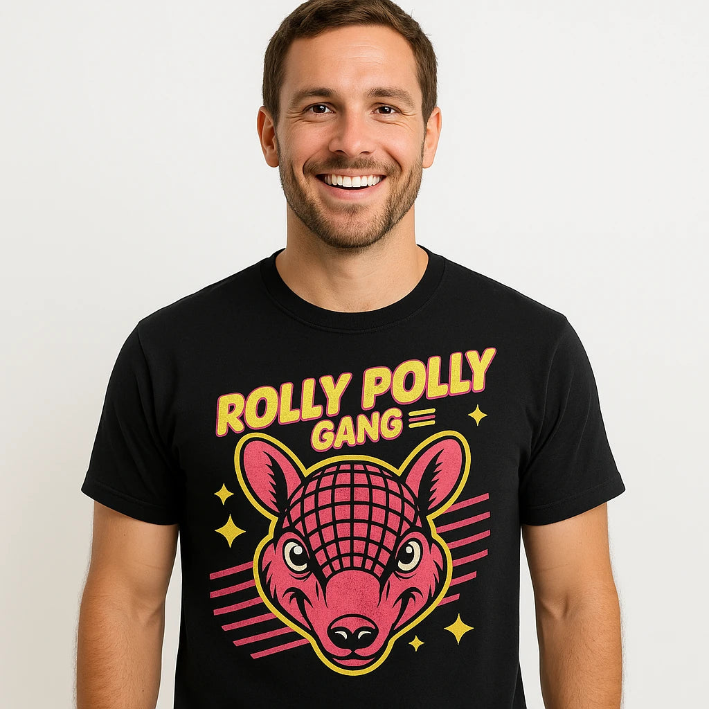 Close-up of the "Rolly Polly Gang" pink print on a premium Bella+Canvas black t shirt armadillo
