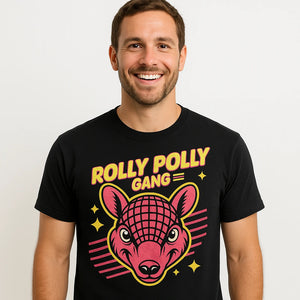 Close-up of the "Rolly Polly Gang" pink print on a premium Bella+Canvas black t shirt armadillo
