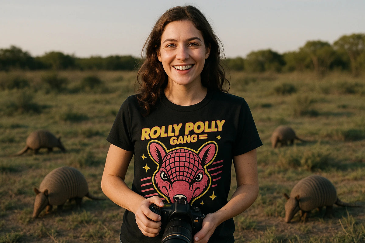 Lifestyle shot of the "Rolly Polly Gang" black t shirt armadillo in a real-world setting