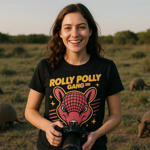 Lifestyle shot of the "Rolly Polly Gang" black t shirt armadillo in a real-world setting