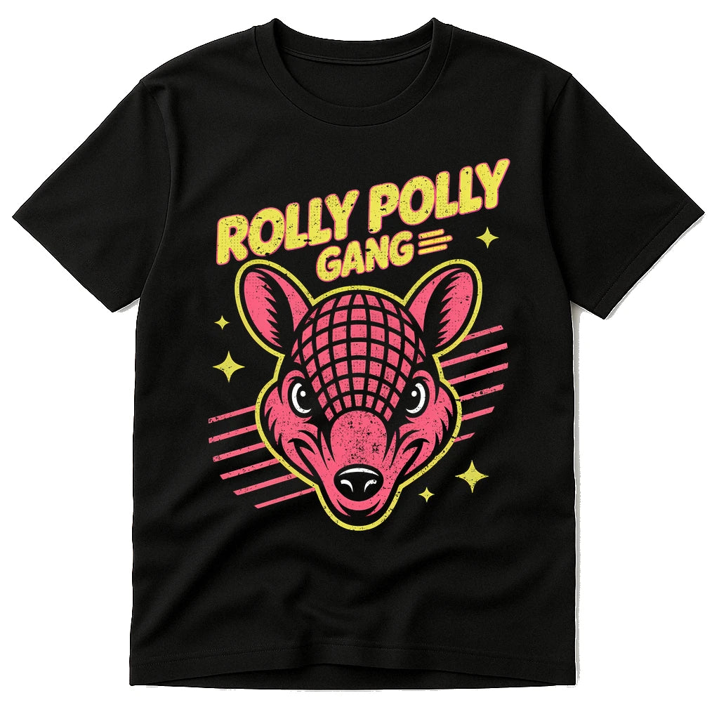 Black T Shirt Armadillo - "Rolly Polly Gang" graphic tee with pink print, flat lay product photo