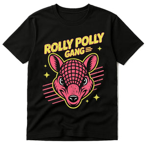 Black T Shirt Armadillo - "Rolly Polly Gang" graphic tee with pink print, flat lay product photo