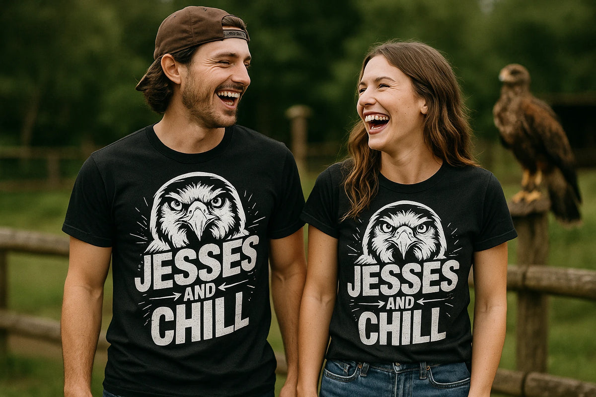 Person wearing the black falconry t shirt graphic tee - "Jesses and Chill" design