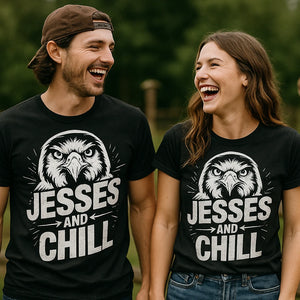 Person wearing the black falconry t shirt graphic tee - "Jesses and Chill" design