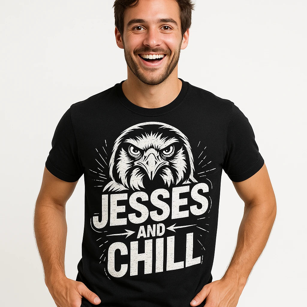 Close-up of the "Jesses and Chill" white print on a premium Bella+Canvas black falconry t shirt