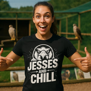 Lifestyle shot of the "Jesses and Chill" black falconry t shirt in a real-world setting