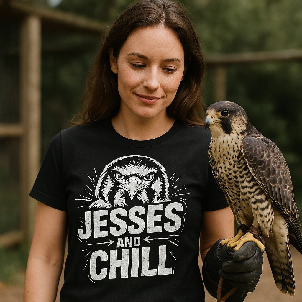 "Jesses and Chill" black falconry t shirt, photographed as falcon lover gift