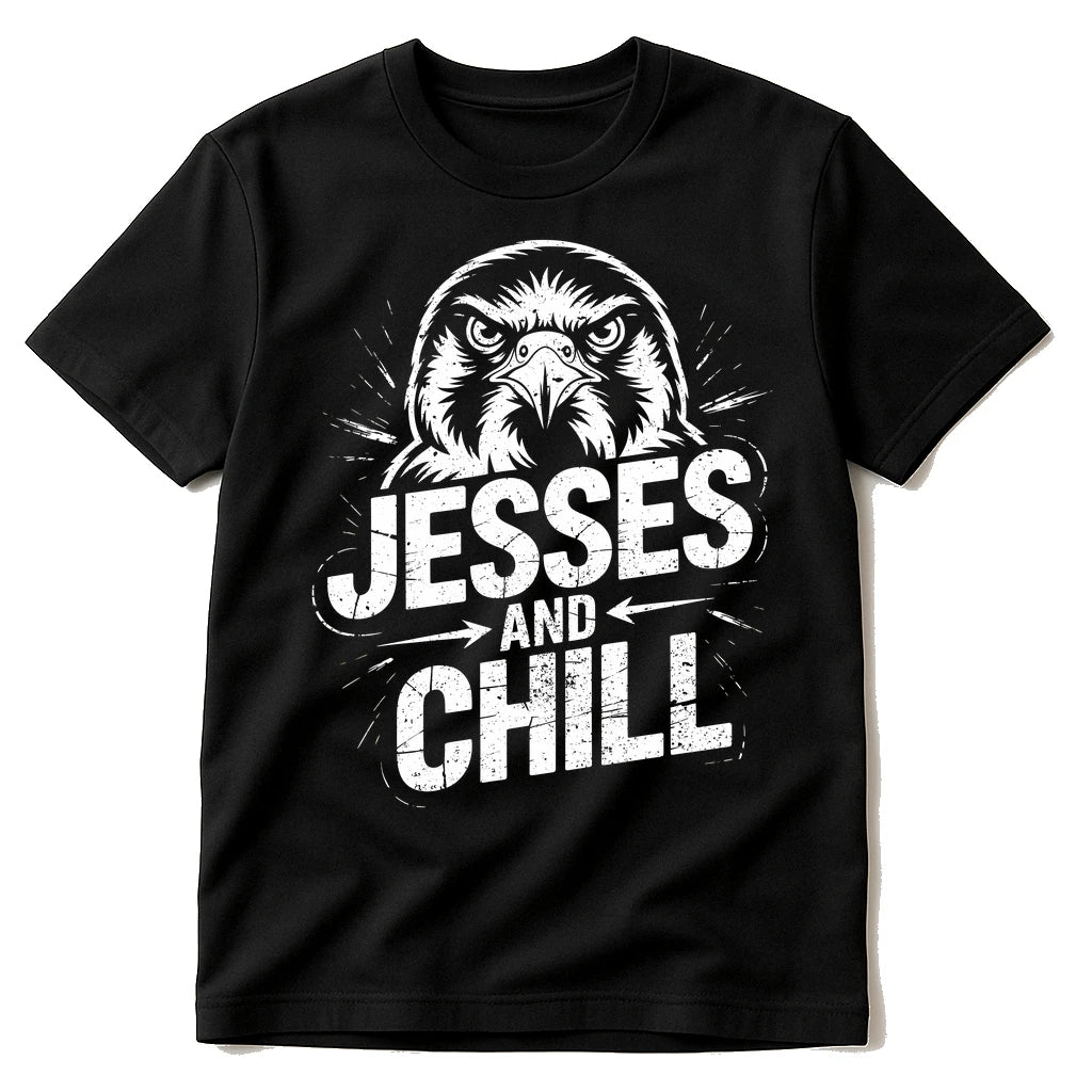 Black Falconry T Shirt - "Jesses and Chill" graphic tee with white print, flat lay product photo