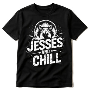 Black Falconry T Shirt - "Jesses and Chill" graphic tee with white print, flat lay product photo