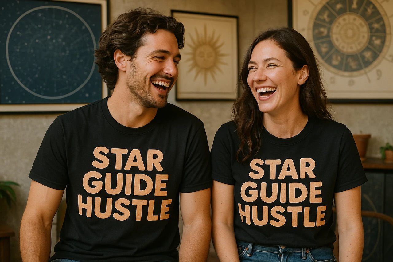A man and a woman are sitting next to each other, both wearing matching black t-shirts with the text "STAR GUIDE HUSTLE" in bold, tan-colored letters. They are laughing joyfully. The background features framed artwork depicting celestial and solar themes.