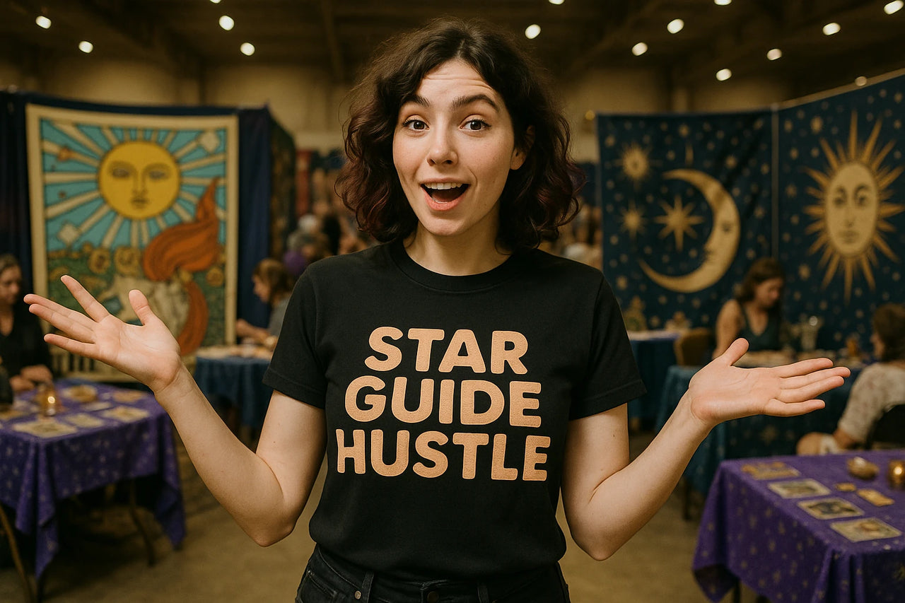 A person with curly, dark hair is smiling and gesturing with both hands, wearing a black t-shirt with the text "STAR GUIDE HUSTLE" in bold letters. They are standing in an indoor setting with colorful, celestial-themed tapestries and people sitting at tables in the background.