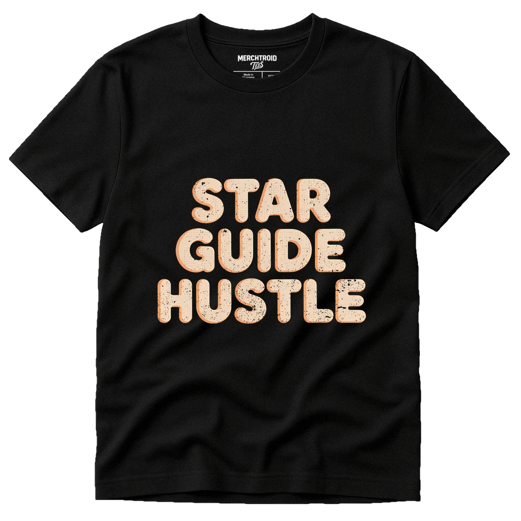 A black t-shirt with bold, textured lettering on the front that reads "STAR GUIDE HUSTLE" in a beige color. The shirt is displayed against a plain white background.