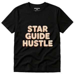 Black Astrology Shirts - "Star Guide Hustle" graphic tee with beige print, flat lay product photo