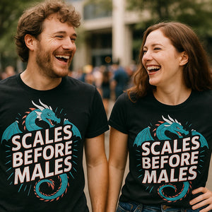 Person wearing the black dragons t shirt graphic tee - "Scales Before Males" design