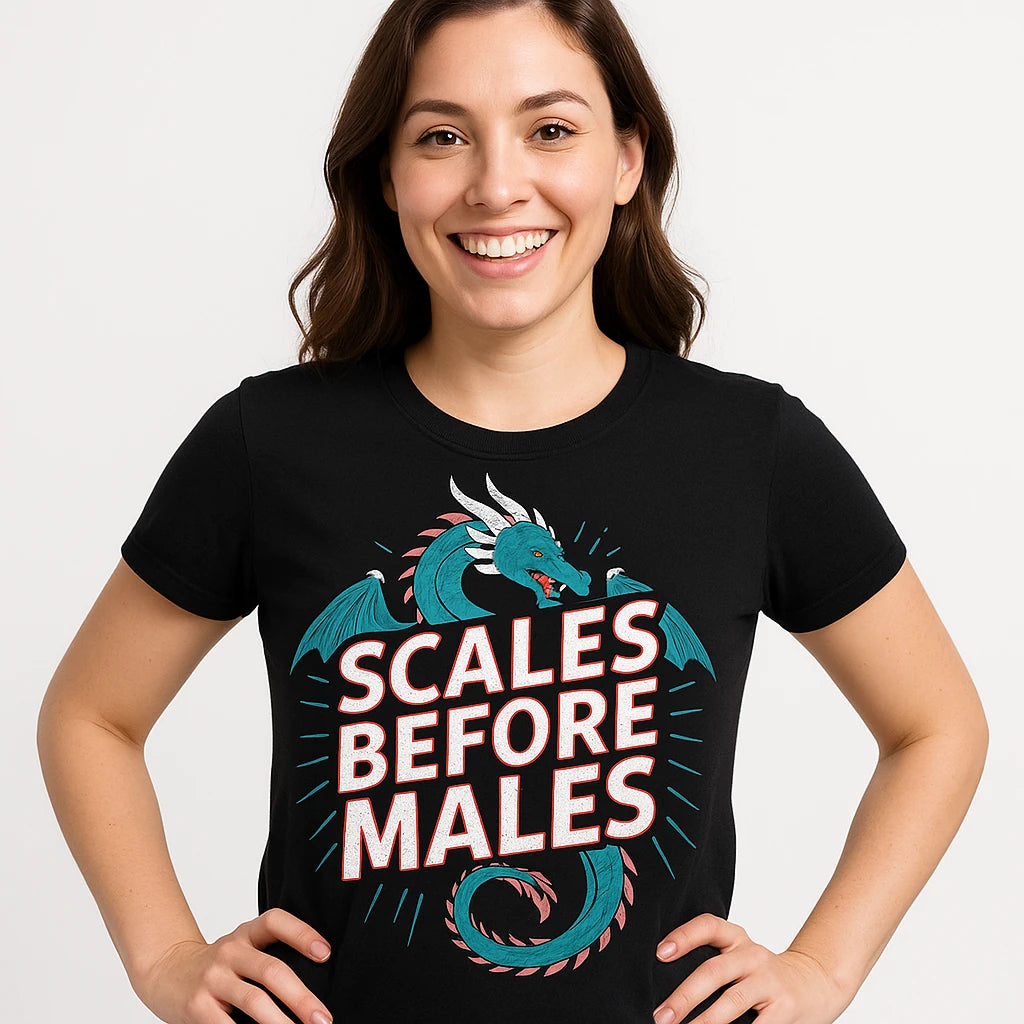 Close-up of the "Scales Before Males" gray print on a premium Bella+Canvas black dragons t shirt