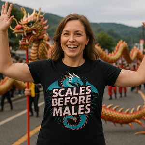 Lifestyle shot of the "Scales Before Males" black dragons t shirt in a real-world setting