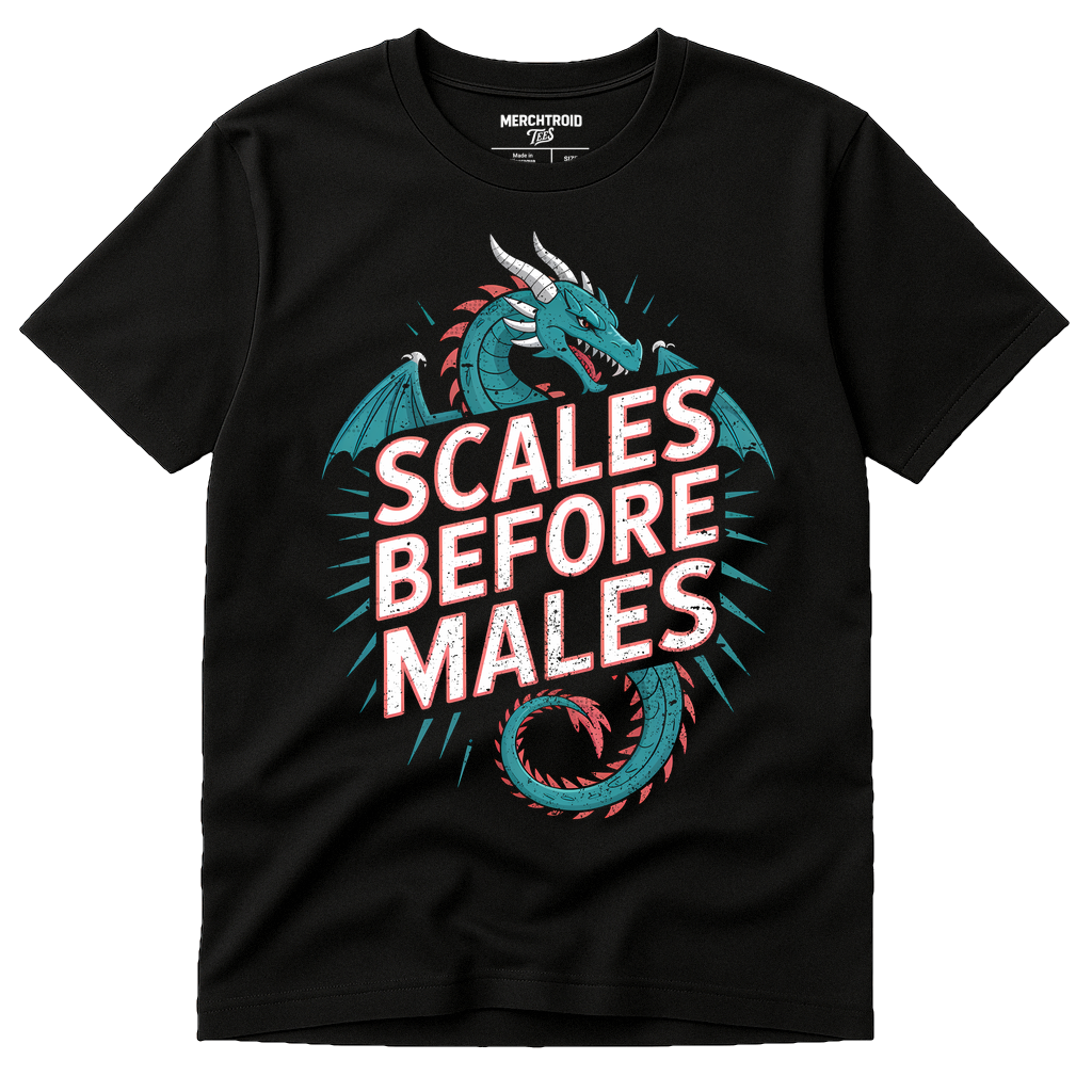 Black Dragons T Shirt - "Scales Before Males" graphic tee with gray print, flat lay product photo