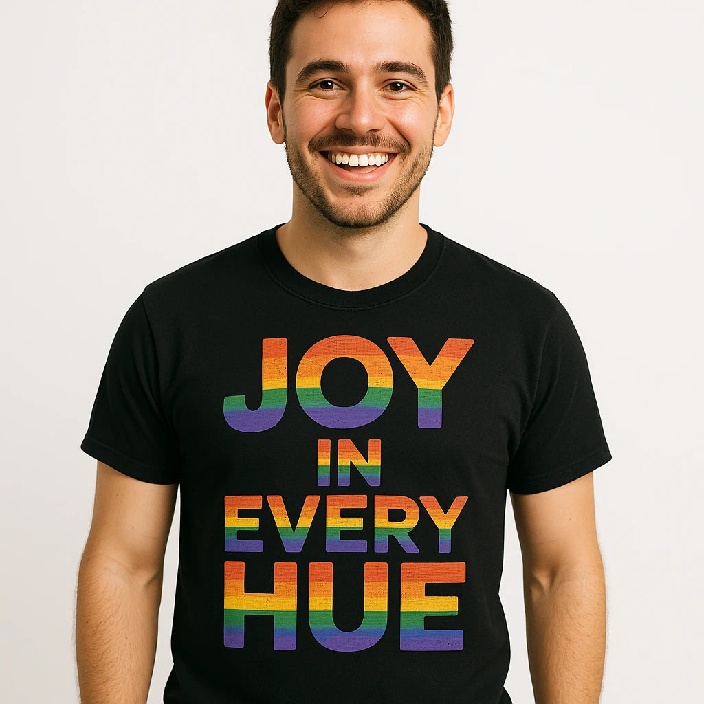 Close-up of the "Joy in Every Hue" orange print on a premium Bella+Canvas black t shirt lgbtq