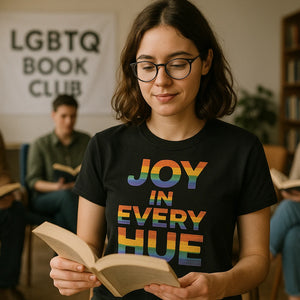 Lifestyle shot of the "Joy in Every Hue" black t shirt lgbtq in a real-world setting