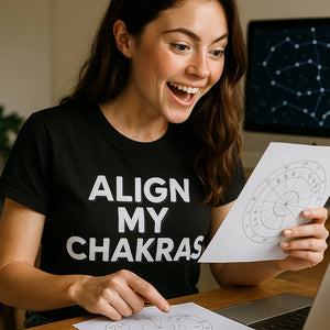 "Align My Chakras" black astrology t shirt, photographed as presents for astrology lovers