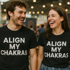Person wearing the black astrology t shirt graphic tee - "Align My Chakras" design