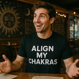 Lifestyle shot of the "Align My Chakras" black astrology t shirt in a real-world setting