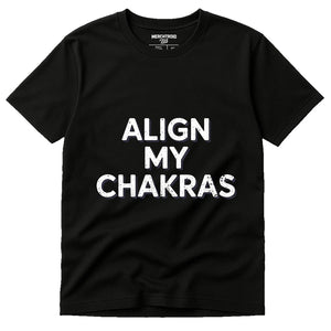 Black Astrology T Shirt - "Align My Chakras" graphic tee with white print, flat lay product photo