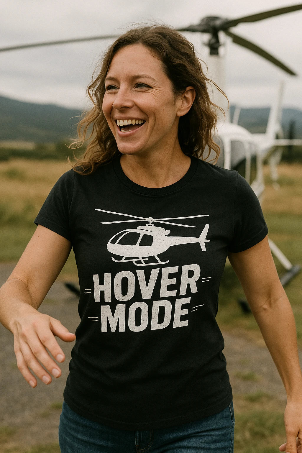 "Hover Mode" black helicopter shirts, photographed as gifts for helicopter lovers