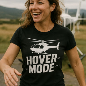 "Hover Mode" black helicopter shirts, photographed as gifts for helicopter lovers