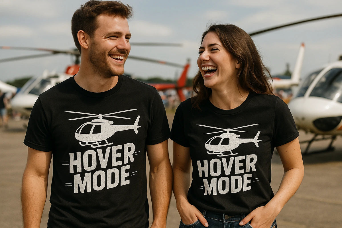 Person wearing the black helicopter shirts graphic tee - "Hover Mode" design