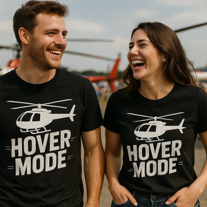 Person wearing the black helicopter shirts graphic tee - "Hover Mode" design
